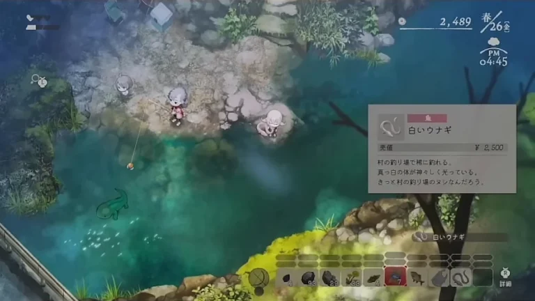 白いウナギの名称、売値2500円、村の釣り場で稀に釣れる説明が表示されたゲーム画面