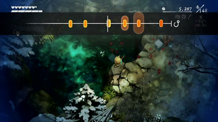 山奥の釣り場で魚を掛けて釣りゲージを操作しているゲーム画面
