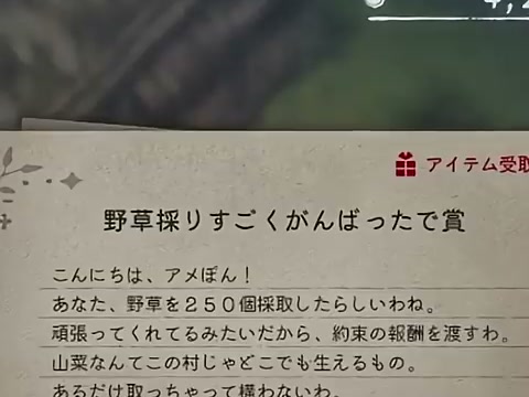 野草採りすごくがんばったで賞の手紙に野草250個の条件が表示されたゲーム画面
