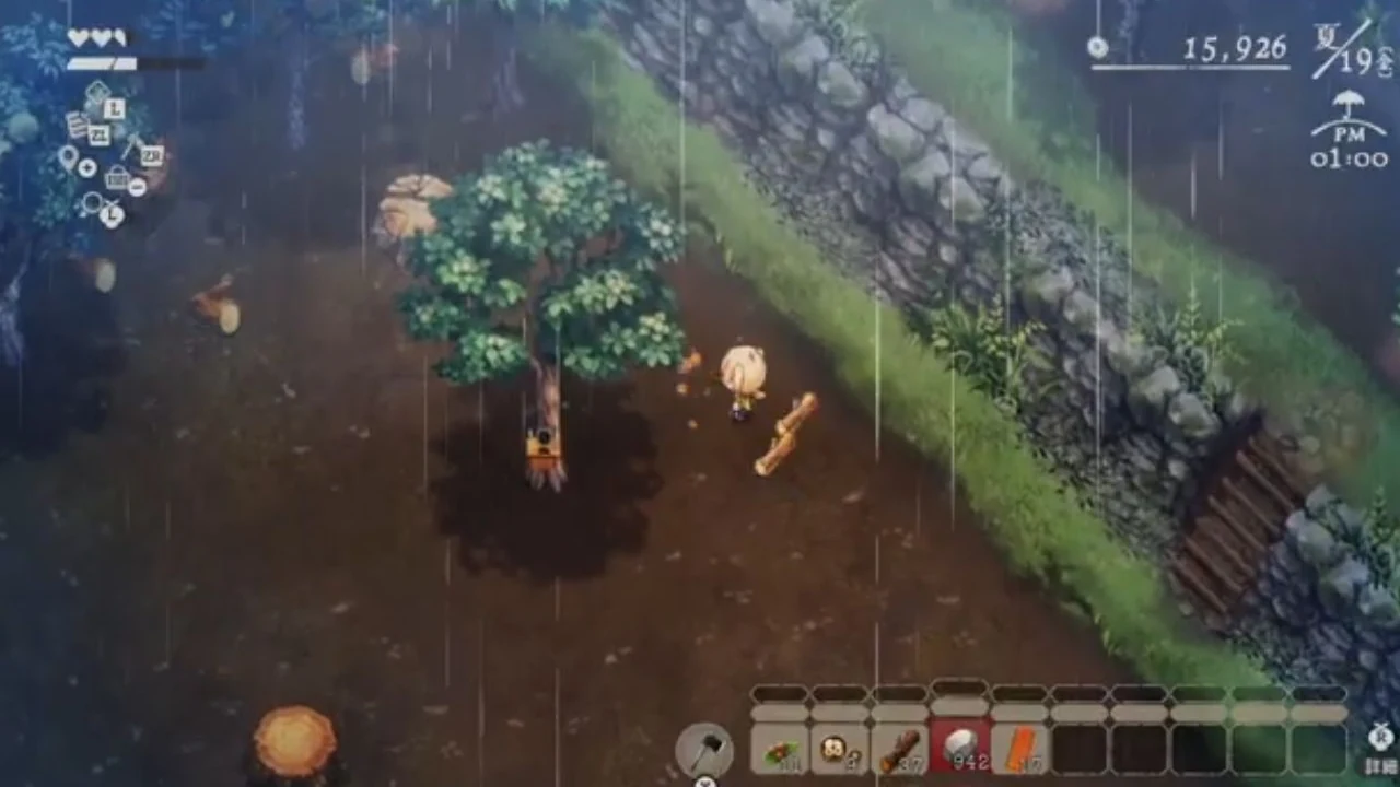 樹木と切り株の周囲に木材素材が落ちているゲーム画面